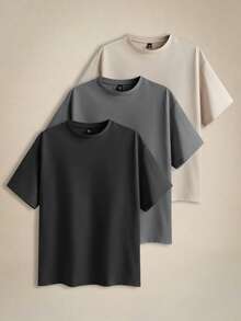 EASEVO 3pcs Pack Plus Size Men's Solid Color Fitted Crew Neck Short Sleeve T-Shirts Tees, Suitable For Summer Daily Wear