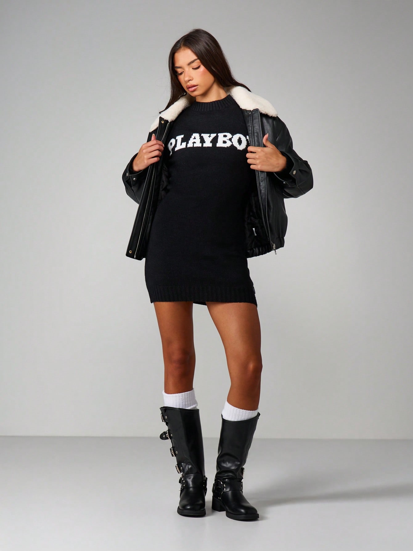 Missguided x Playboy Knitted Sweater Mini Dress With Crew NeckMISSGUIDED