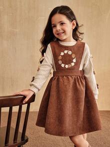 SHEIN Bộ 2 váy tay dài cổ tròn thêu hoa dễ thương cho bé gái, mùa thu đông - Nhiều màu - Xem 6