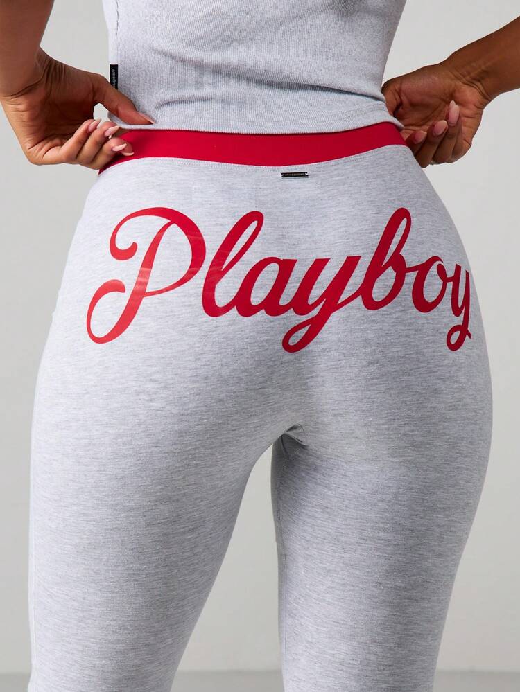 Missguided x Playboy High Waisted Capri Leggings With Script Lettering And Color Block Detail