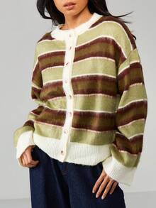 MISSGUIDED Button Through Relaxed Fit Striped Knit Cardigan With Long Sleeves And Ribbed Cuffs For Casual Layering - Multicolor - View 5