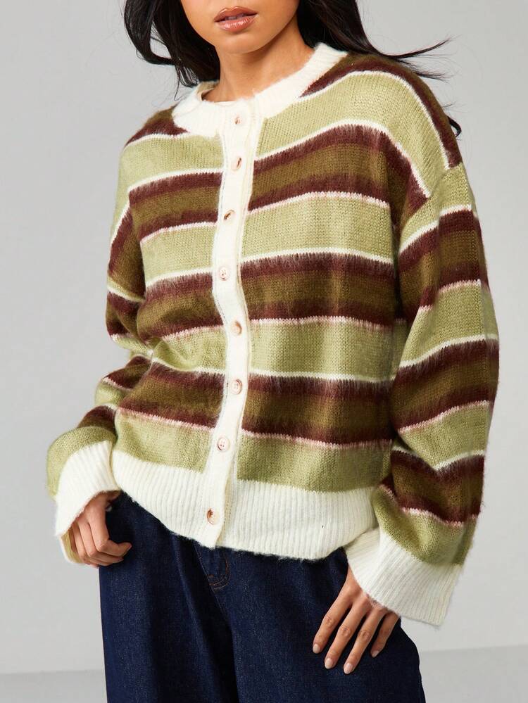 MISSGUIDED Striped Button Through Knit Cardigan With Ribbed Cuffs