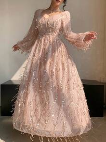 DAZY 女士优雅亮片灯笼袖连衣裙，秋季婚礼宾客礼服吊带裙 - 杏色 - 查看 9