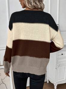 SHEIN LUNE Áo len dài tay cổ tròn phối màu đơn giản dành cho nữ - màu nâu - Xem 2