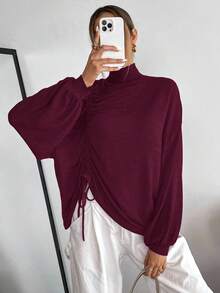 Siren Gaze Áo thun cổ lọ tay dài màu trơn có dây rút viền bất đối xứng dành cho nữ - Màu đỏ tím - Xem 3