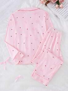 2pcs/Set Girly Pink Cardigan With Heart-Shaped Bow Print, Faux Collar, Long-Sleeved Top And Trousers Pajama Set, Suitable For All Seasons. Pink Pajama Set,Teen Girl Clothes - Multicolor - View 2