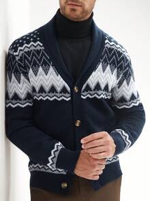 Manfinity Homme 男士几何印花 V 领前扣休闲长袖开衫，冬季图案外出厚实开衫休闲皇家蓝色拼色开衫，适合丈夫、男朋友的礼物 - 藏蓝色 - 查看 6
