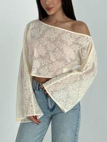 Aloruh Women's Vintage Sexy Embroidered Floral Batwing Sleeve Shawl Collar Cover Up Golf White Autumn - Apricot - View 7