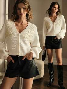 MOTF PREMIUM FAUX PEARLS V-NECK LANTERN SLEEVE CARDIGAN , FALL WINTER - White - View 8