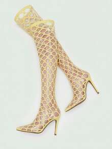 CUCCOO SZL Women's Fashion Pointed Toe High Heel Rhinestone Boots, Suitable For Party Occasions - Apricot - View 6