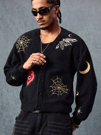 ROMWE MEN Street Life Men's Heart Eye Spider Web Embroidery Cardigan