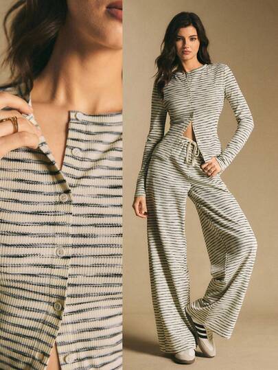 Poéselle 女士条纹针织两件套，不对称门襟T恤和长裤套装，家居休闲套装；女士条纹长袖单排扣T恤和长裤休闲两件套；女士冬季服装；女士秋季服装；女士秋季穿搭；秋季服装