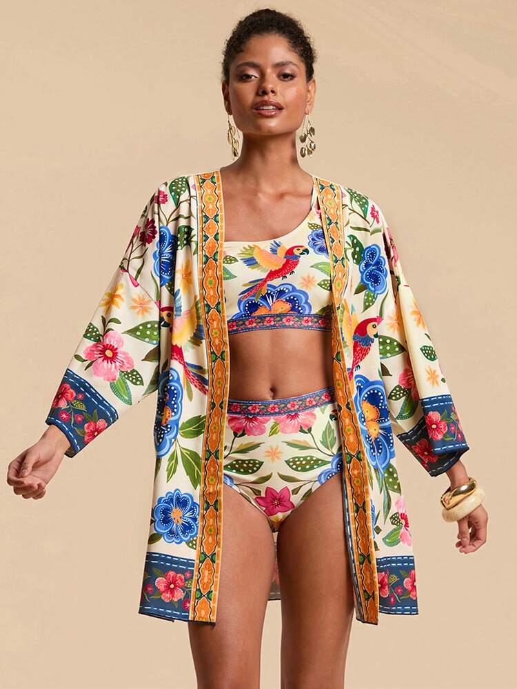 Travachic Women's Beach Vacation Casual Printed Open Front Cover Up,Vacation/Beach,Bathing Women Boho, Casual,Vacation,Summer Holiday,Vacation,Elegant,Going Out,Party,Beach,Summer Holiday, Tropical Vacation, Bohemian Outfits, Ibiza Outfits, Western Style - Multicolor - View 4