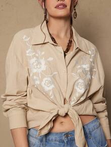 SHEIN VCAY Camisa vintage plus size com ombros caídos em cores contrastantes, manga longa e botões frontais. - Damasco - Ver 8