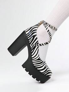 ROMWE Goth 女士闭趾交叉绑带玛丽珍鞋，朋克哥特厚底厚跟绑带搭扣JK制服鞋，防水正式工作高跟鞋 - 彩色 - 查看 4