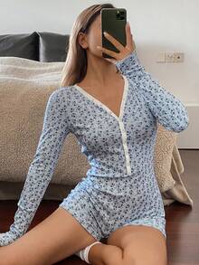 Livesso Bộ đồ liền thân ngắn họa tiết hoa Ditsy dành cho nữ, dành cho mùa thu và mùa đông - Màu xanh lam - Xem 3