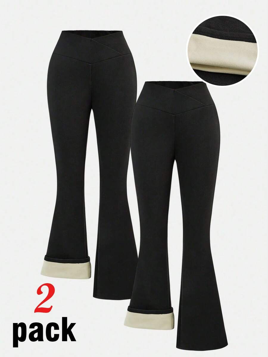 SHEIN 2 件套青少年女童休闲纯色喇叭裤，买 1 送 1 - 黑色 - 查看 1