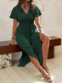 Roveilla Váy Maxi xẻ eo xếp ly cổ yếm màu trơn cỡ lớn, trang phục Giáng sinh cho nữ - màu xanh lá - Xem 6