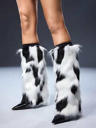 Goth 1 Pair Y2K Retro Fuzzy Black & White Patchwork Pattern Leg Warmers, Fashion Minimalist Edgy Design, Suitable For Commuting, School, Shopping, Party, Halloween, Christmas And More