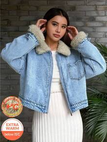 SHEIN 少女时尚休闲 Y2K 复古酷炫街头返校学院风浅蓝色牛仔夹克，内衬保暖抓绒，翻领长袖短款外套，适合日常穿着，秋冬季节参加锐舞派对和街头服饰。 - 藍色 - 查看 2