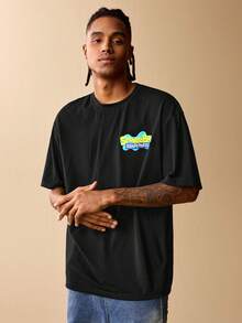 SpongeBob SquarePants | SHEIN Men's Casual Cartoon Pattern Round Neck Short Sleeve T-Shirt, Autumn - Black - View 2