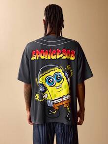 SpongeBob SquarePants | SHEIN 男士休闲卡通图案短袖T恤，夏季 - 深灰色 - 查看 3