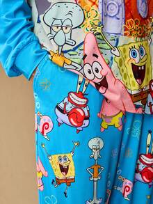 SpongeBob SquarePants | SHEIN Men's Casual Cartoon Pattern Long Sleeve Top And Pants Loungewear Set, Autumn, Winter Clothes - Blue - View 6