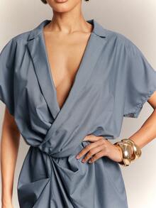 Hauture فستان كاجوال أنيق وجذاب للمكتب للنساء، بأمام منخفض مع كشكشة أمامية وشق خلفي - الأزرق - مشاهدة 6