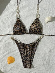 Swim SXY 2件套女士性感豹纹随机图案挂脖系带比基尼套装，夏季 - 彩色 - 查看 2