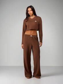 Missguided x Playboy Christmas V-Neck Ribbed Cropped Sweatshirt With Wide Leg Pants Set - Mocha Brown - View 1