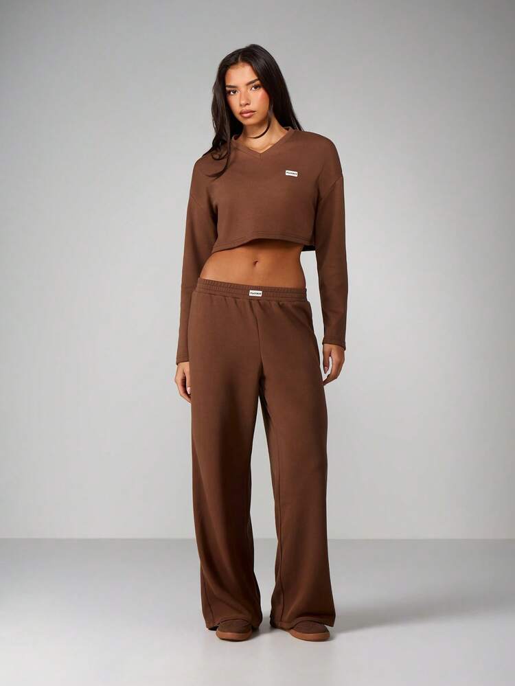 Missguided x Playboy Ensemble Sweat-shirt-shirt court côtelé à encolure en V et pantalon large pour Noël