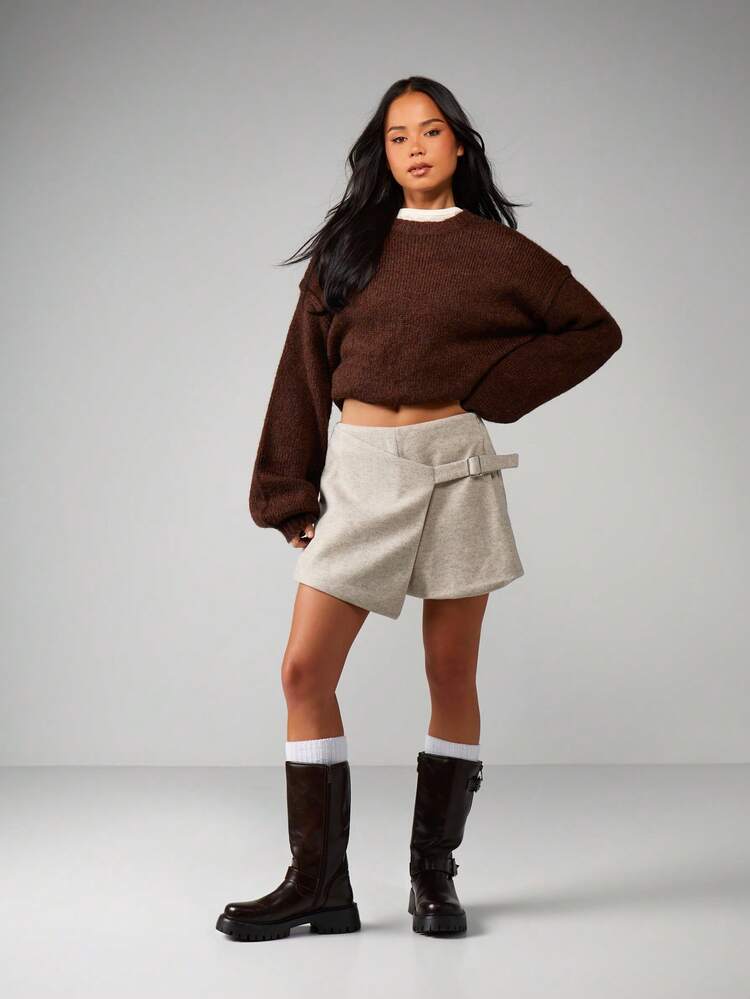 MISSGUIDED Gonna con risvolto in stile lana con dettaglio fibbia, adatta per l'autunno e l'inverno