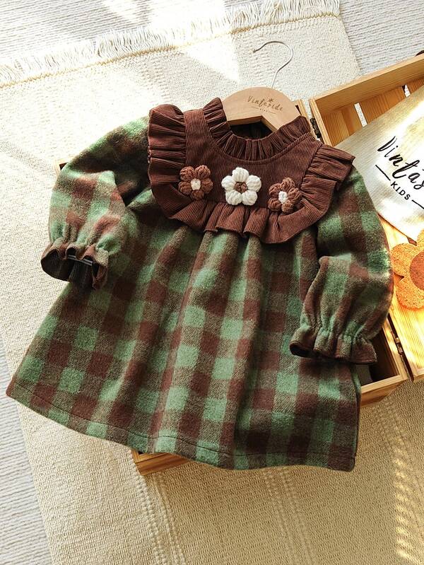SHEIN Vintaside Kids Baby Girls Vintage Elegant Brown Plaid Woolen Ruffle Hem Long Sleeve Dress, Suitable For Everyday Wear, Outings, Back To School, Fall Dresses Newborn Baby Girl