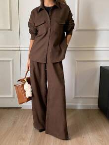DAZY Set casual da donna composto da camicia con tasche e pantaloni in tinta unita, completo da relax autunnale - Caffè Marrone - Visualizzare 5