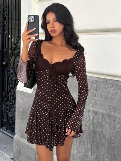 MainGRL Gaun Mini Lengan Panjang Kasual Polkadot Baru, Gaun Polkadot Musim Gugur Wanita Gaun Elegan Lengan Panjang Gaun Liburan Seksi