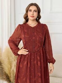 Lacomfia Váy dài tay lưới thêu màu nâu, váy chữ A thanh lịch cổ điển, cỡ lớn - Rỉ Nâu - Xem 4