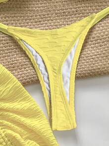Swim Chiccia Set de costum de baie sexy cu 3 piese, top texturat fără bretele, slip triunghiular și fustă mini - Galben - Vizualizare 6