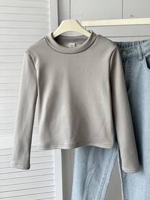 SHEIN 女童保暖内衬高领修身长袖T恤，柔软舒适百搭，灰色长袖打底衫，女童款 - 灰色 - 查看 5