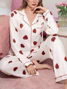 甜美草莓印花翻领长袖上衣和裤子女士睡衣套装 波点睡衣套装 草莓睡衣套装 曲线睡衣套装 女士睡衣，秋冬服装 - 彩色 - 查看 5