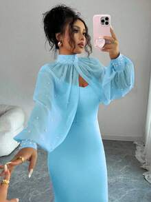 Elenzga Váy dạ hội quyến rũ trưởng thành mới, trang trọng và dịu dàng, màu hồng mơ mộng, áo dài tay đính hạt thủ công, bộ váy liền thân ôm sát có viền đuôi cá duyên dáng - Màu xanh lam - Xem 7