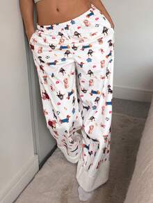 DAZY Dog Print Fleece Patchwork Design Cozy Winter Loose Women Fluffy Sleep Bottoms - White - View 5