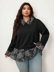 Enliva 大码女式豹纹拼接长袖宽松衬衫，适合初秋、冬季、2026新年，适合苹果型和圆润身材 - 黑色 - 查看 6