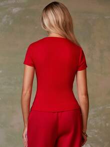 Athîral 女式休闲红色单排扣短袖修身衬衫