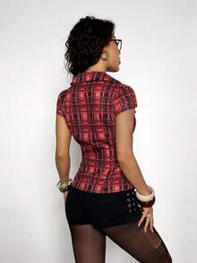 StreetHx Áo sơ mi tay lửng kẻ caro xanh dành cho nữ - Đỏ - Xem 2