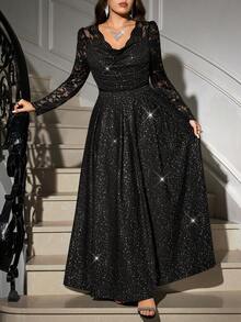Clasi Vestido elegante de encaje y parches para fiesta de talla grande - Negro - Ver 7