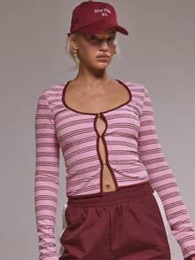 MUSERA Scoop Neck Striped Hook And Eye Fitted Long Sleeve Top  Cute Casual Cosy Cherry Lacquer Spring Summer Holiday - Red - View 1