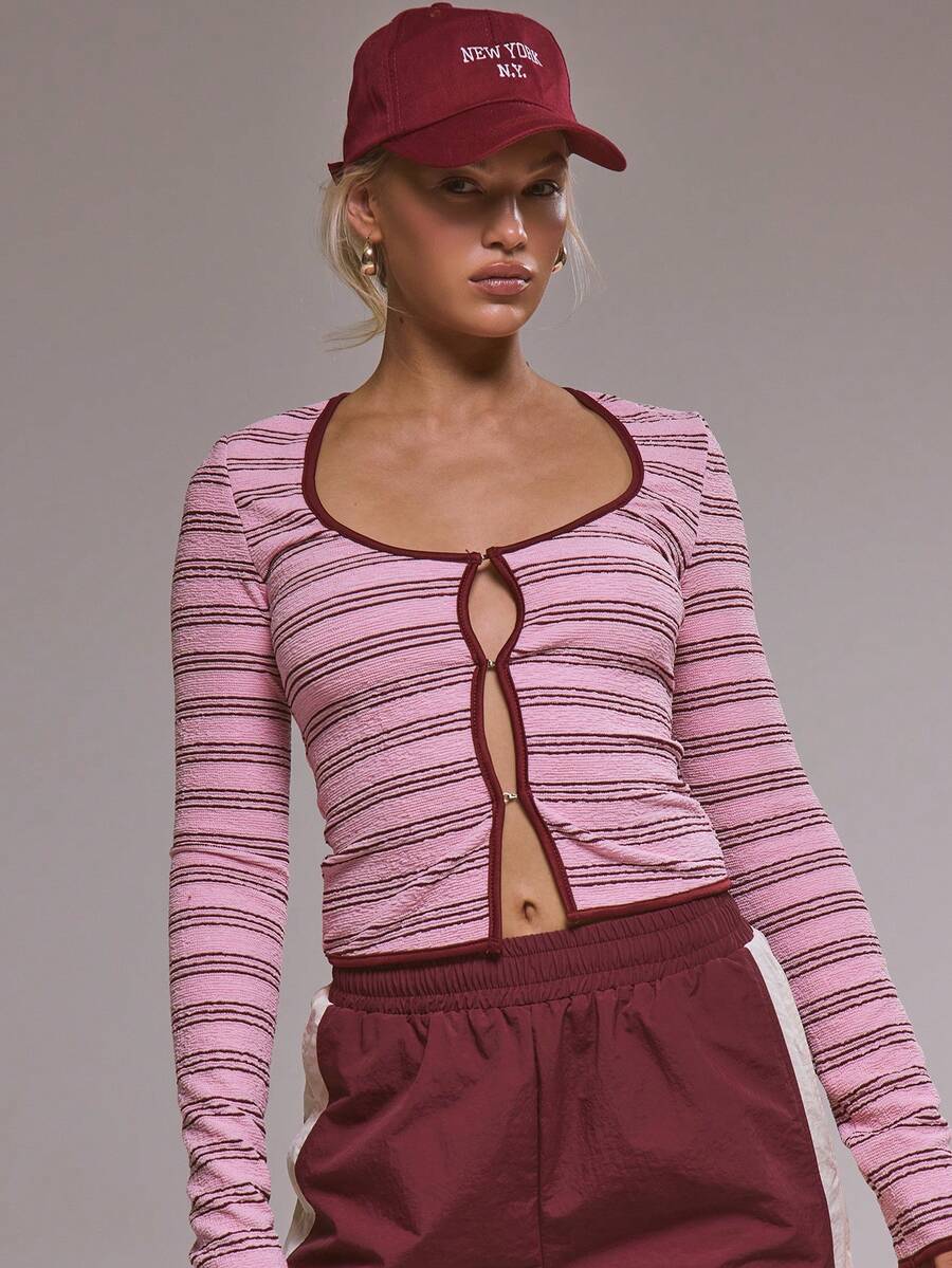 MUSERA Scoop Neck Striped Hook And Eye Fitted Long Sleeve Top Cute Casual Cosy Cherry Lacquer Spring Summer Holiday - Red - View 1