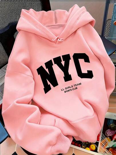 Sudadera para mujer estilo deportivo casual americano estampado de letras NYC ajuste holgado con capucha manga larga otoño invierno uso diario sudadera