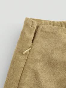 Sweetra Brown Pleated Asymmetric Decorative Zipper Back Faux Suede Fuzzy Short Skirt, Minimalist Commuter Style, Plus Size, Autumn/Winter - Khaki - View 5