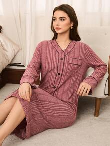 Moireta Women's Contrast Color Long Sleeve Nightgown, Winter - Redwood - View 5